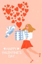 Valentine`s day card with happy woman. Girl in love. Woman flies with a cute gift.